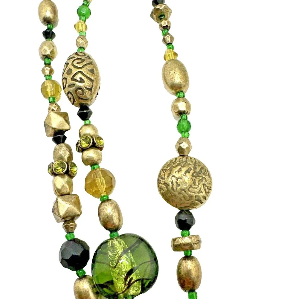 Vintage Green Gold Multi Strand Bead Necklace Boho Crystal Accents Box Clasp 16